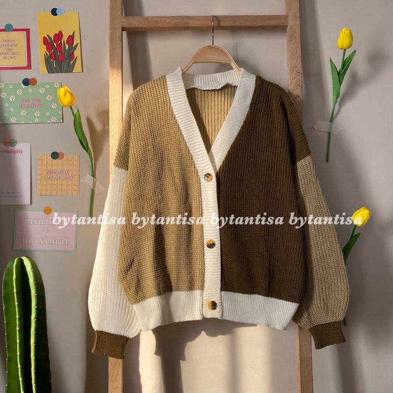CARDIGAN RAJUT TWIST | OUTER OUTWEAR KNIT MIX WARNA KOMBINASI | CARDYGAN TEBAL PREMIUM HIGH QUALITY-Khaki Twist