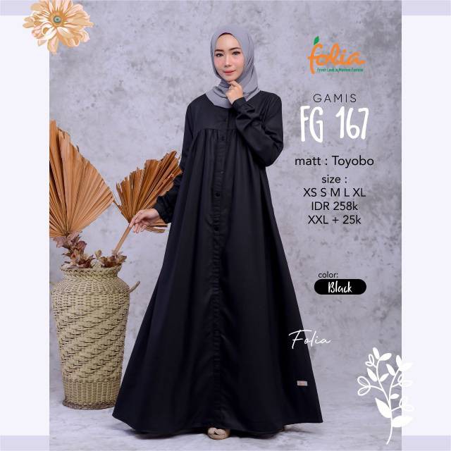 Gamis FG167 FOLIA, Gamis Hitam Toyobo Folia FG167, gamis Hitam syar'i toyobo premium FG 167 Folia