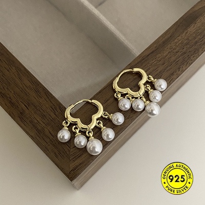 Anting Klip Telinga Lapis Emas 18K Hias Liontin Rumbai Mutiara Bahan Sterling Silver Anti Karat