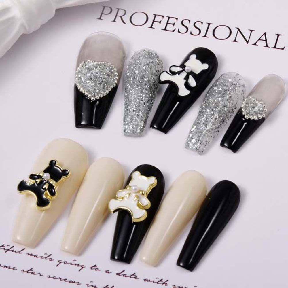 Mxbeauty Bears Nail Art Dekorasi Fashion Bor Kuku Hitam Putih Alloy 3D Perhiasan Kuku