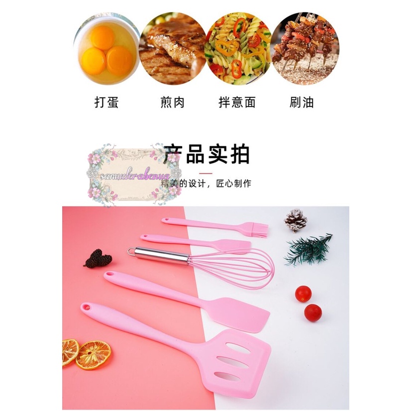 RT81 Alat Masak bahan silikon Silicone Utensil Spatula Cooking Baking Props Set 5pcs Peralatan Masak 5 in 1 Tahan Panas BPA Free SB3465