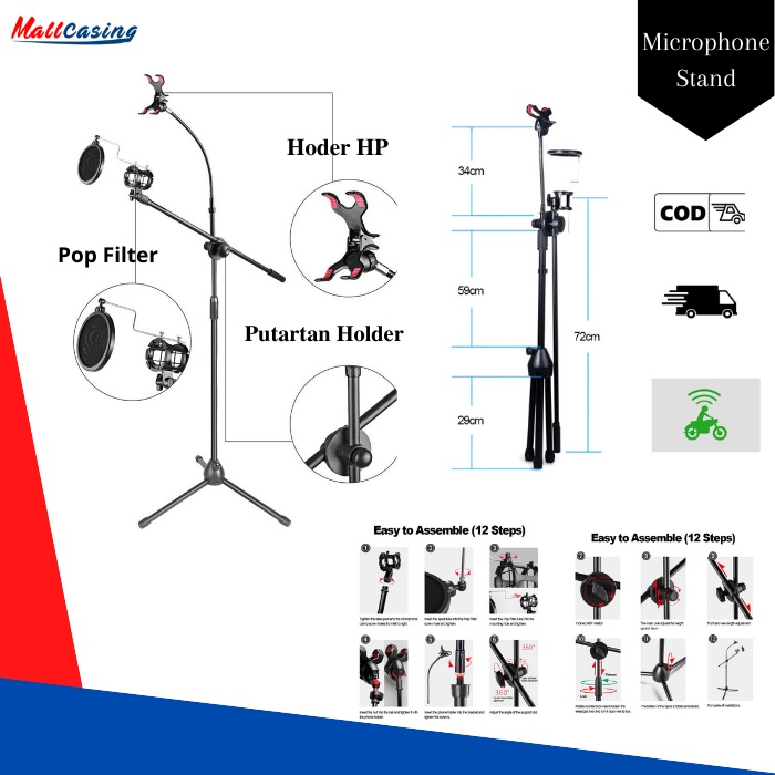 Stand Mic Microphone Degree Berdiri + Holder Hp 360 Recording Karaoke Free Phone Holder