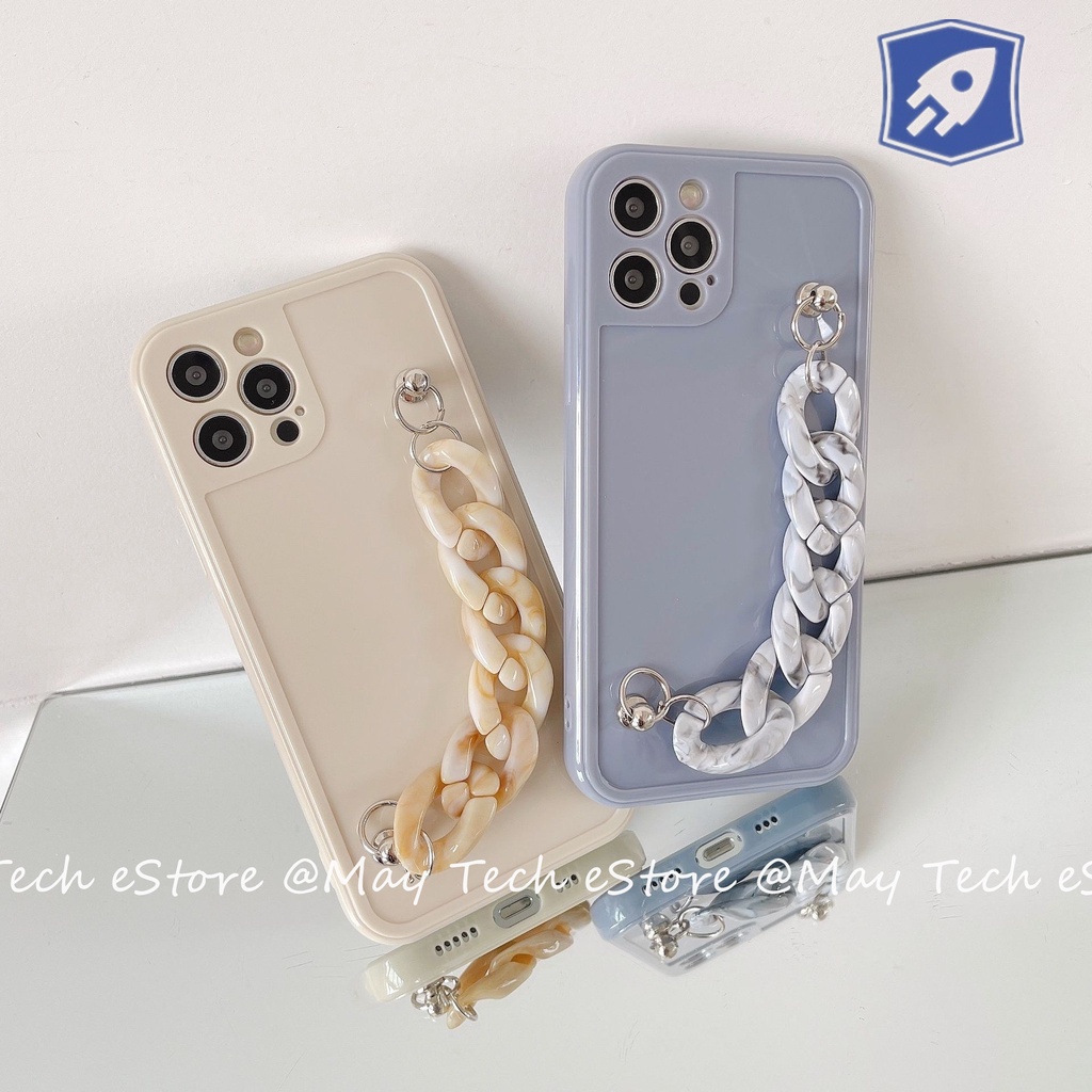 Casing iPhone Putih Beige / Biru / Coklat Coffee Transparan dengan Hand Grip Rantai iPhone X XS XR XSMAX 11 12 13 PRO PROMAX