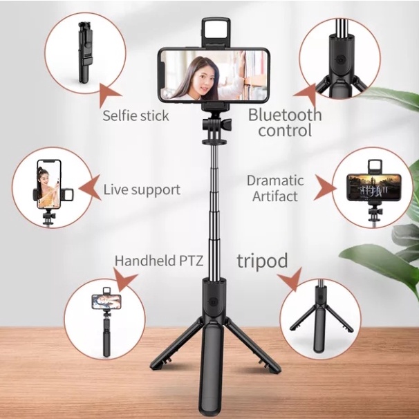 Tongsis tripod 4in1 selfie stick dengan remote bluetooth dan lampu LED tongsis bluetooth tongsis led