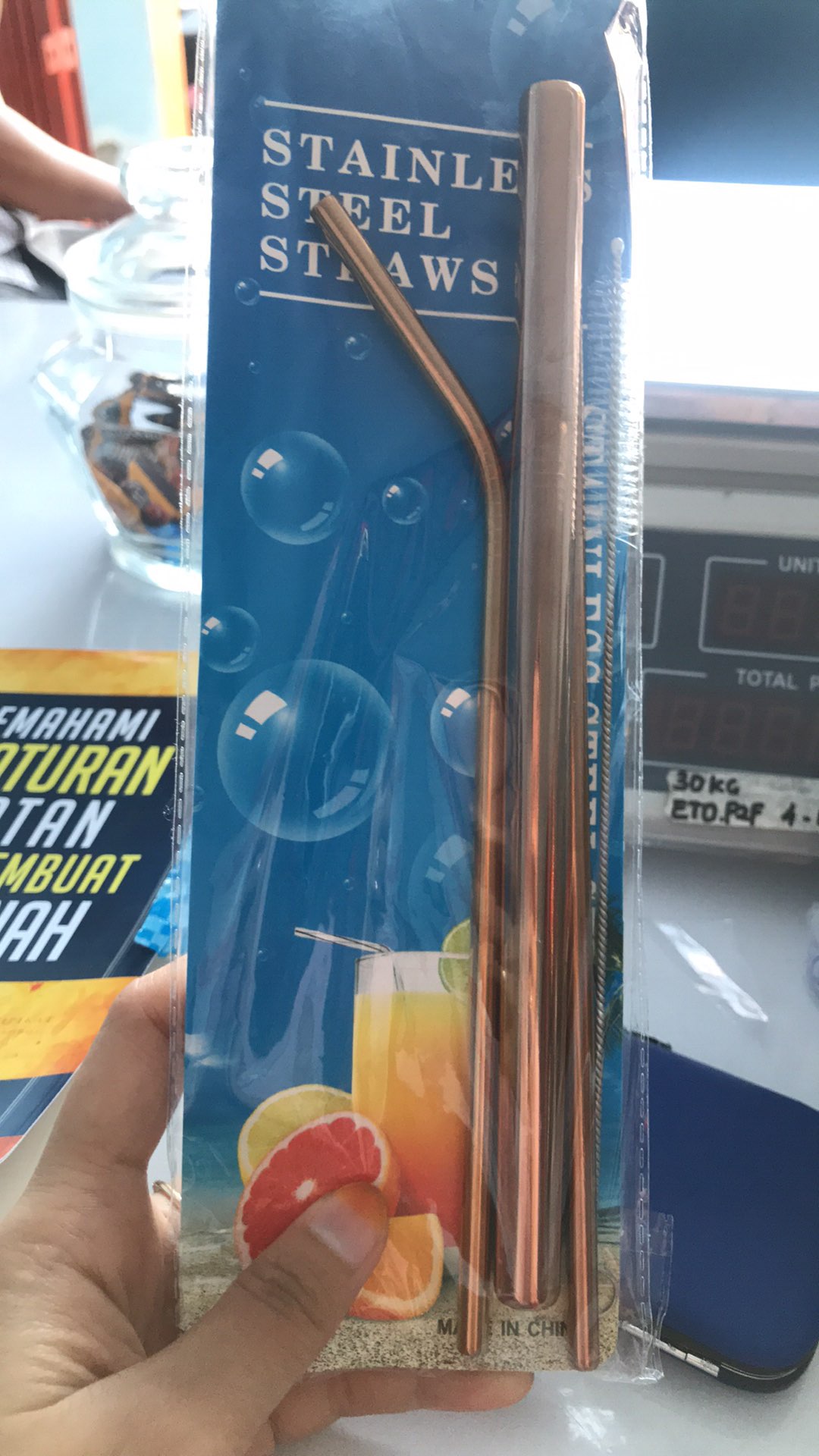 Sedotan Stainless Steel / Sedotan Lurus & Melengkung + Sikat Sedotan - Rose Gold