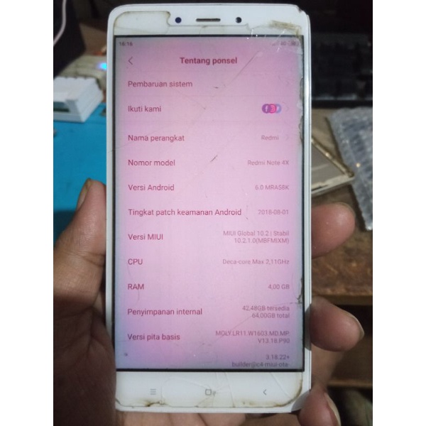 REDMI note 4x Mediatek 4/64 minus lcd dan baterai