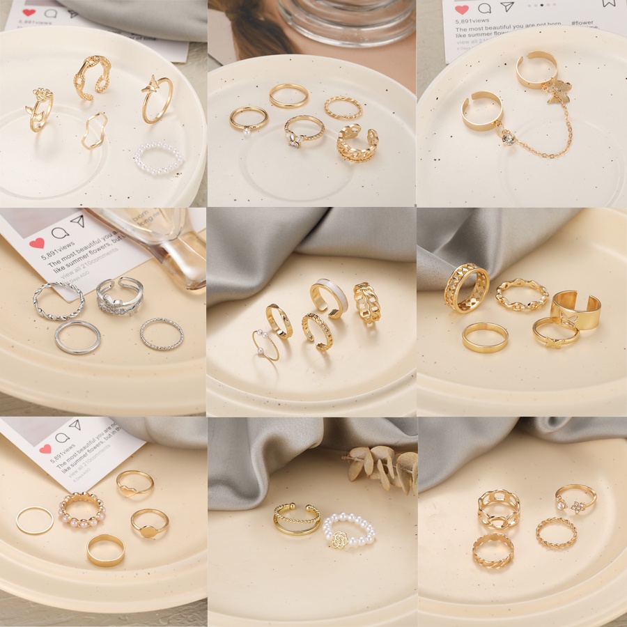 Set Cincin Rantai Desain Kupu-Kupu Hollow Hias Mutiara Gaya Klasik Untuk Wanita