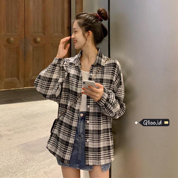 [5 Warna]Korea Style Fashion Kemeja Kuning Panjang Kasual Atasan Baju Jumbo Wanita Plaid Blouse Shirt