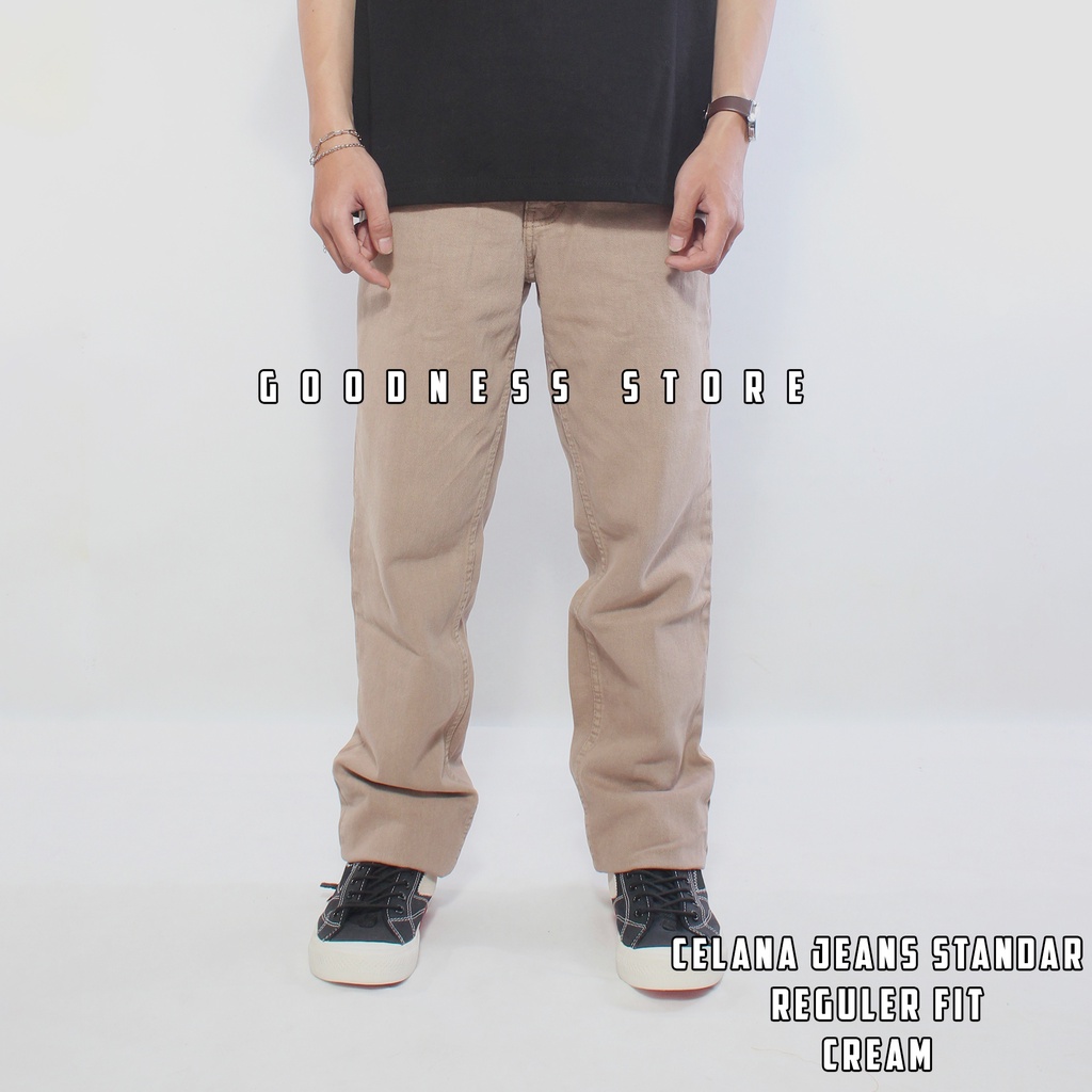 Celana jeans pria standar celana straight fit premium cream