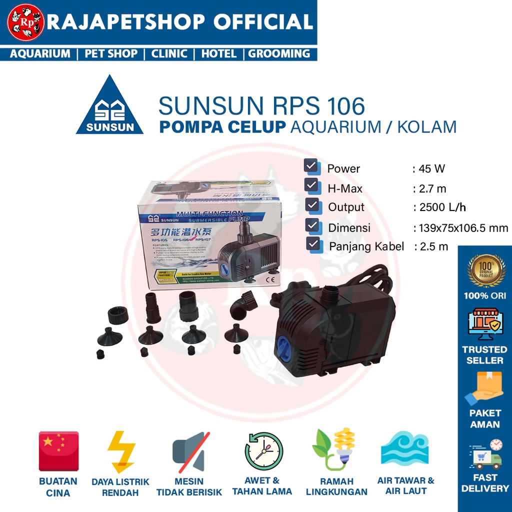 ( POMPA AIR ) SUNSUN RPS 106 SUBMERSIBLE WATER PUMP KOLAM AQUARIUM POMPA CELUP LOW WATT HIDROPONIK