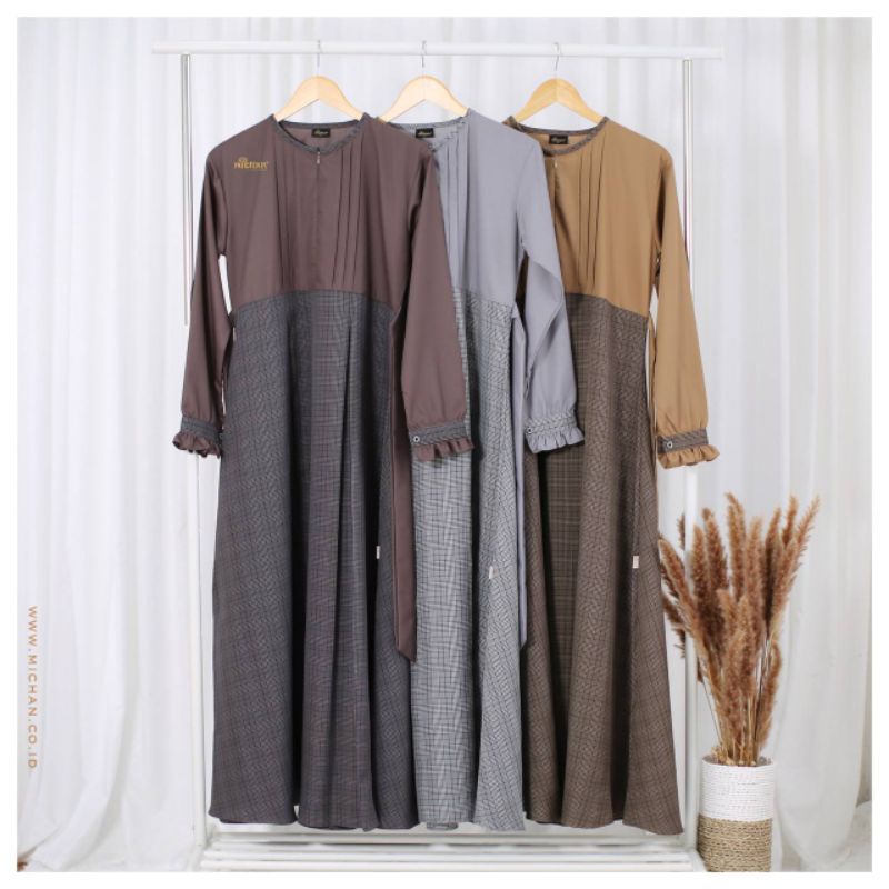 MALA DRESS LINEN SQUARE By Michan Gamis Casual Terlaris Gamis Kotak Kotak