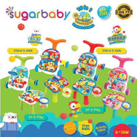 SUGAR BABY 10IN1 Premium Activity Walker &amp; Table - Parrot Basketball / Push Walker Baby Walk