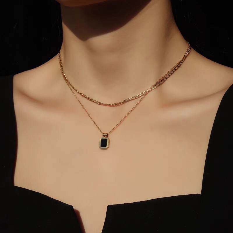 Kalung Titanium 2 Layer Black Square Korea Fashion Style Gold 18K