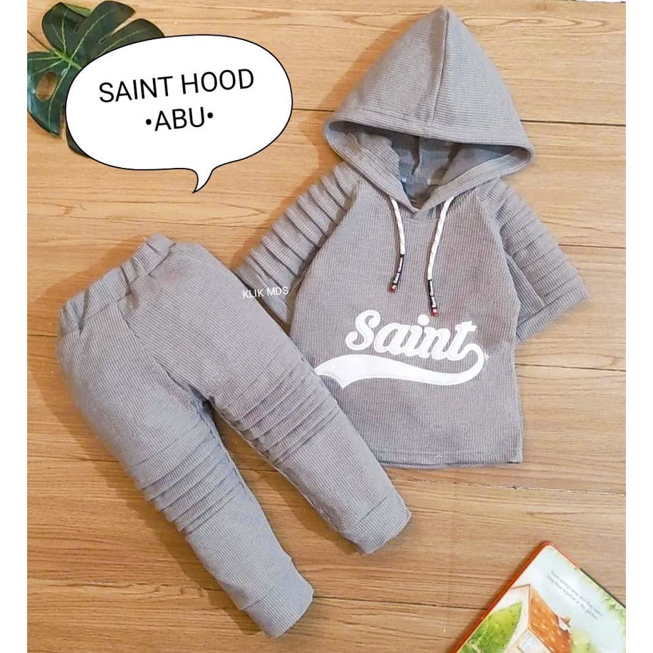 Setelan Anak Laki - Laki / Baju Bayi Cowok Hoodie Pendek  Celana Panjang Bahan Waffle Motif Saint Hood Usia 6 Bulan - 3 Tahun