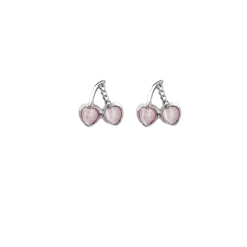 Anting Tusuk Sterling silver 925 Desain Buah Ceri Pink Hias Opal Untuk Wanita