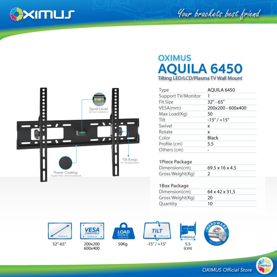 BRACKET TV LED LCD MONITOR 32&quot;- 65&quot; OXIMUS AQUILA 6450 WALL MOUNT TILT