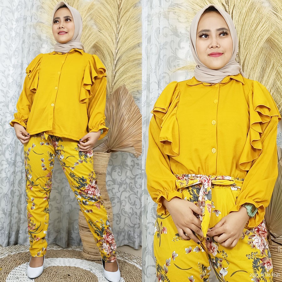 SETELAN MELISSA BAJU BUSUI DAN CELANA BUNGA TALI IKAT PINGGANG GL FASHION