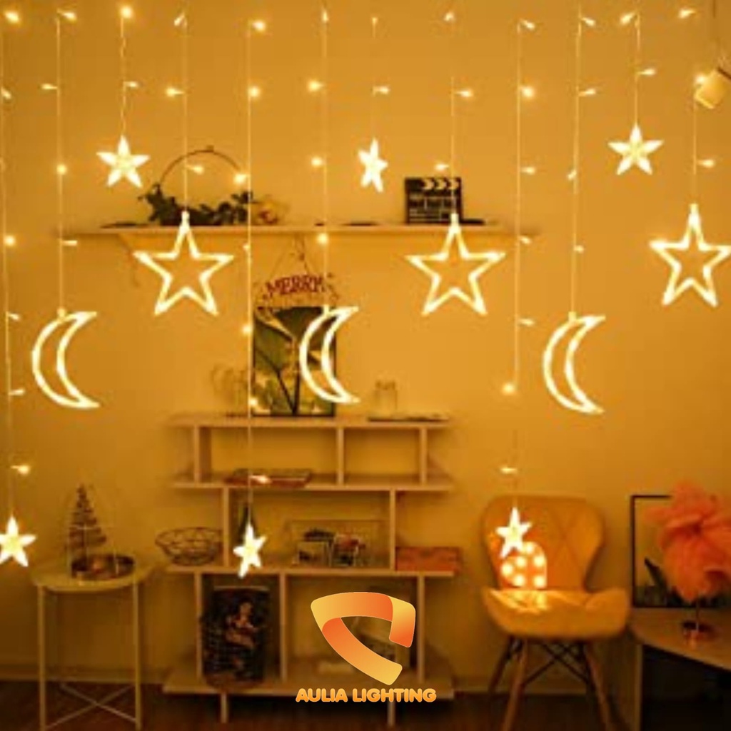 LAMPU TIRAI GANTUNG STAR MOON LED WARM WHITE HIAS KAMAR TIDUR CEWEK NATAL LEBARAN PUASA BULAN BINTANG