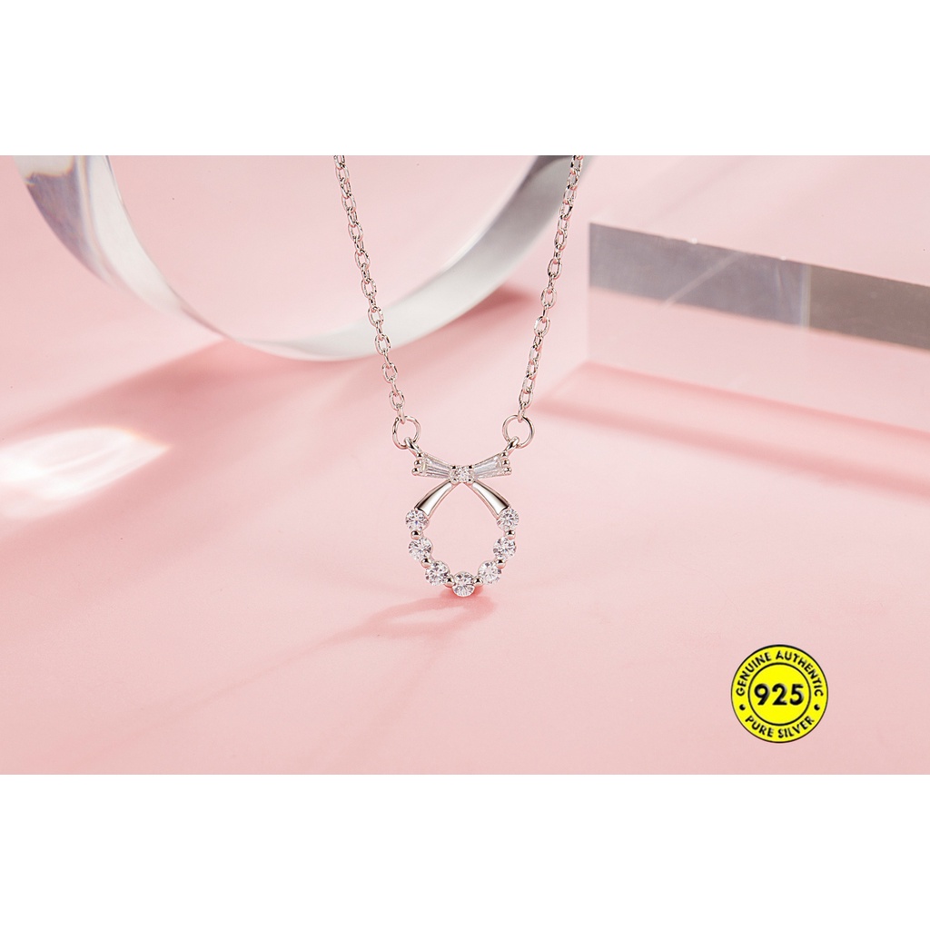 Kalung Rantai Sterling Silver 925 Dengan Liontin Pita + Berlian Imitasi Untuk Wanita