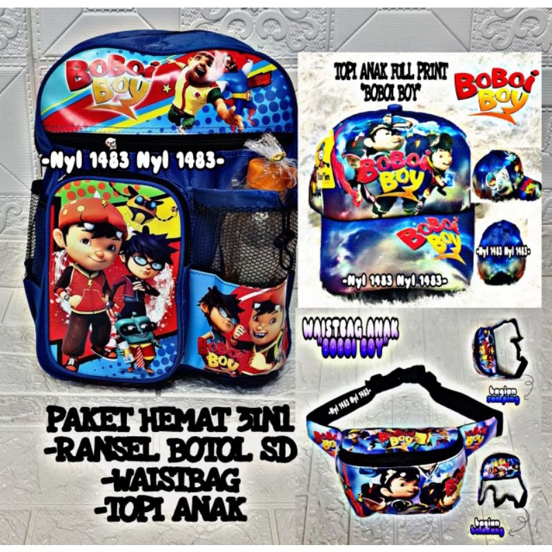Paket 3in1 tas ransel anak sekolah SD / FREE tas waistbag dan topi anak