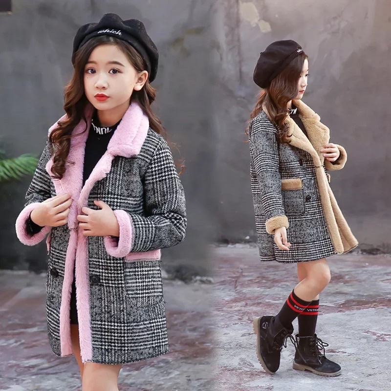 Winter Wool Plaid Coat Korea Kids Jaket Wol Anak