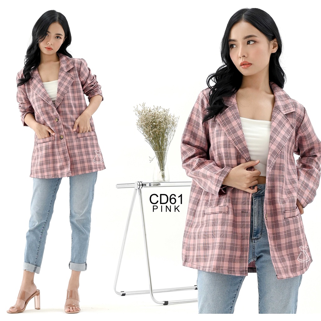 CD61 - Outer Blazer Linen Blazer Kotak Casual