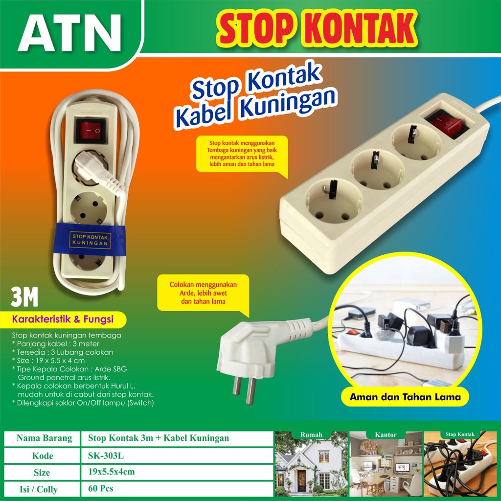 ATN Stop Kontak Terminal 3 , 4 , 5 Lubang + Kabel Steker Arde + Switch Lampu On / Off Standar SNI