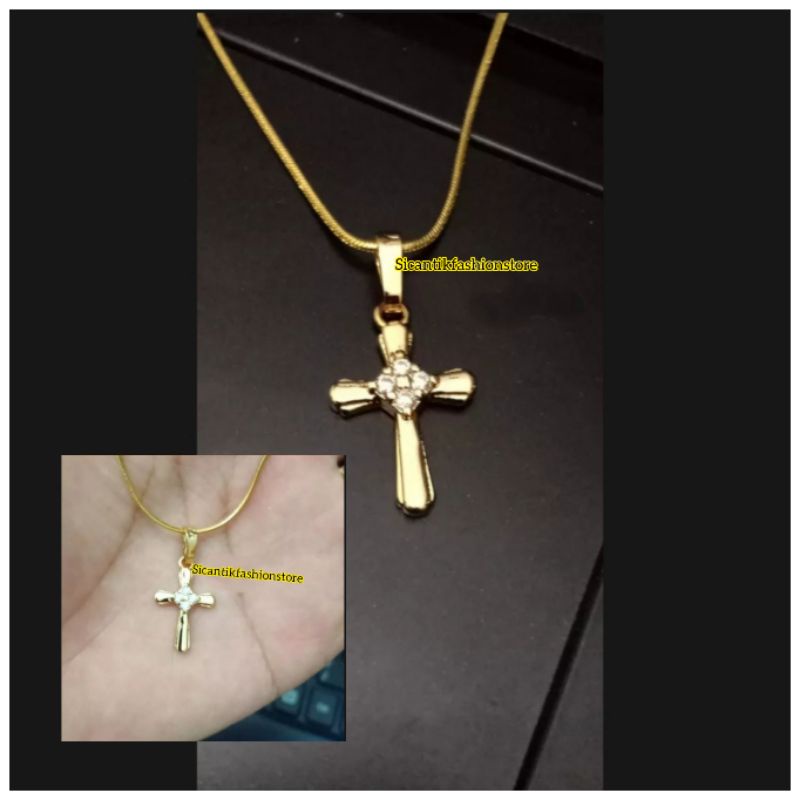 Kalung Wanita Titanium Liontin Salib Gold Permata Terlaris Anti Karat selamanya Kalung Titanium Liontin Salib Gold Kekinian Mewah