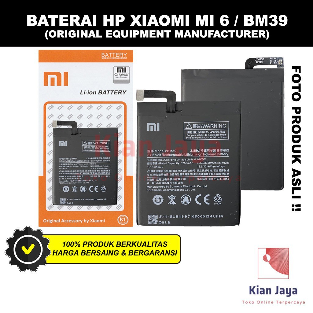 Baterai Xiaomi Mi 6 BM39 Original OEM Batre Batrai Battery Hp Xiao Mi BM 39 Ori