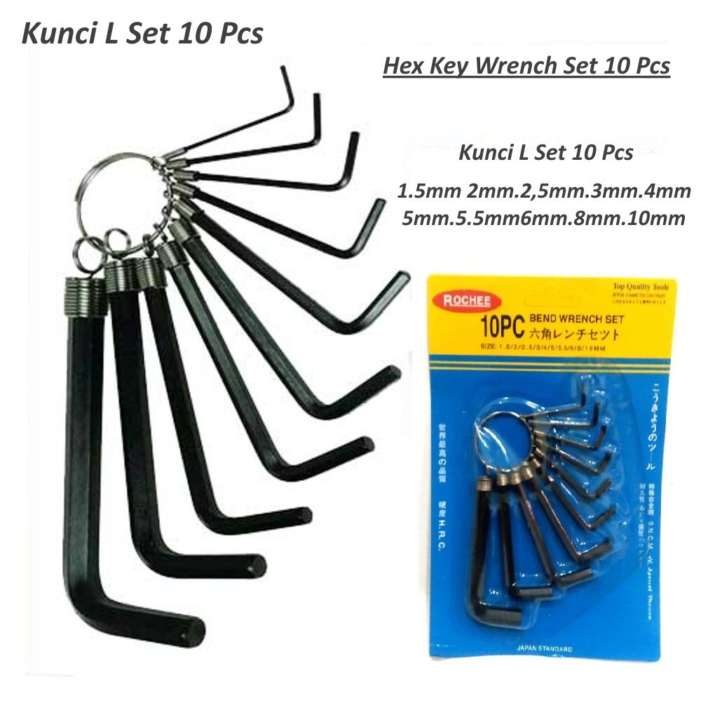 KUNCI L SET Isi 10 Pcs Hex Key Ring 10 in 1 Tools Gantungan Kunci Pendek Mrah Original