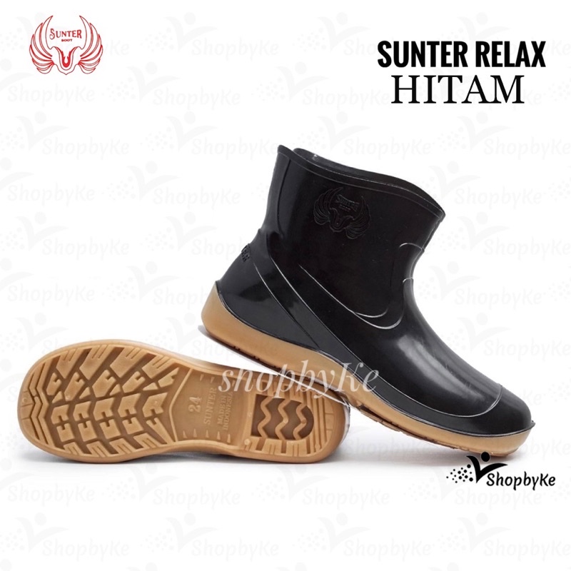 Sepatu Boots Karet Pendek Sunter Relax Hitam Sol Merah dan Hitam Sol Penthel Glossy Mengkilap