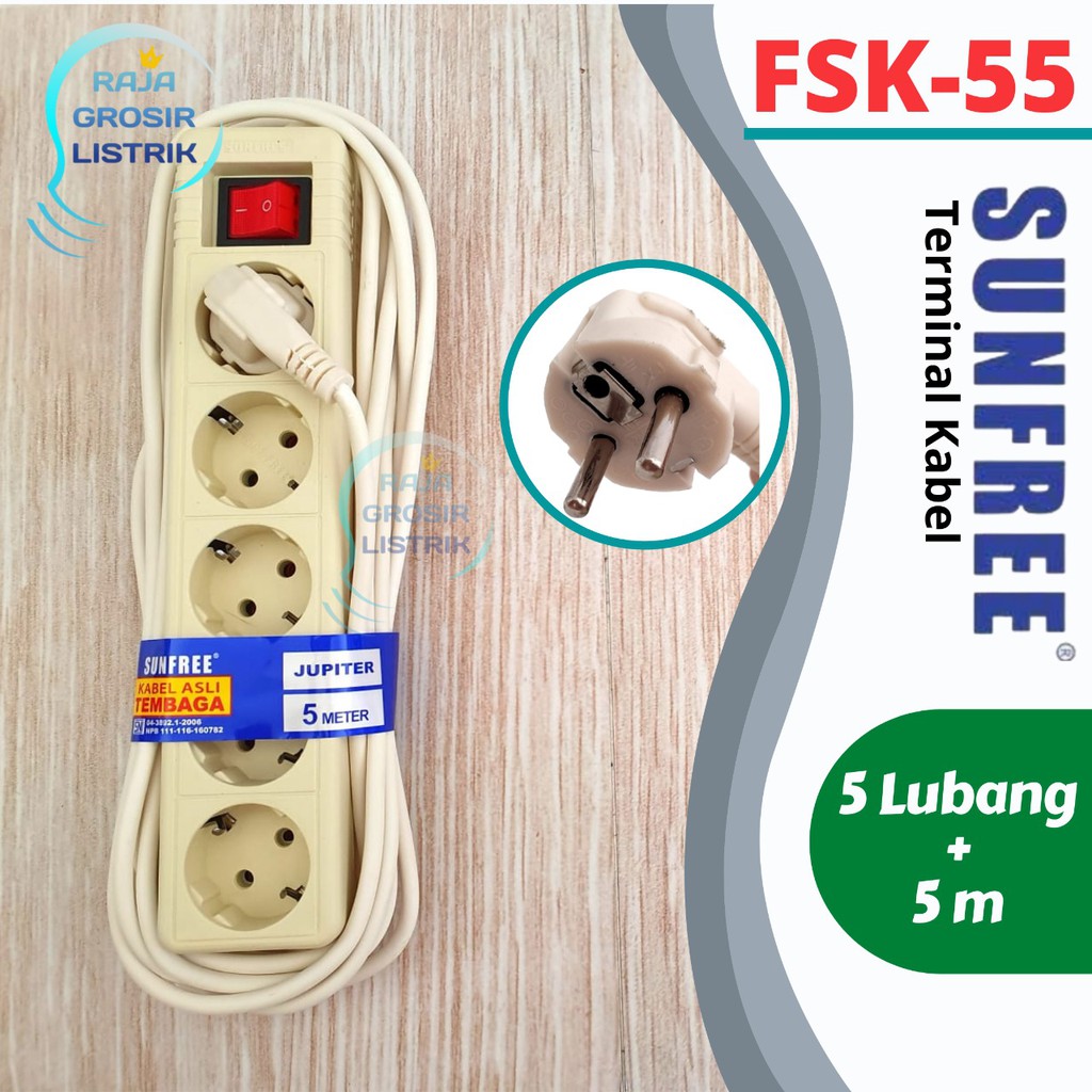 Stop Kontak Sunfree Arde 5 lubang + kabel 5 M Jupiter 55 Super Murah