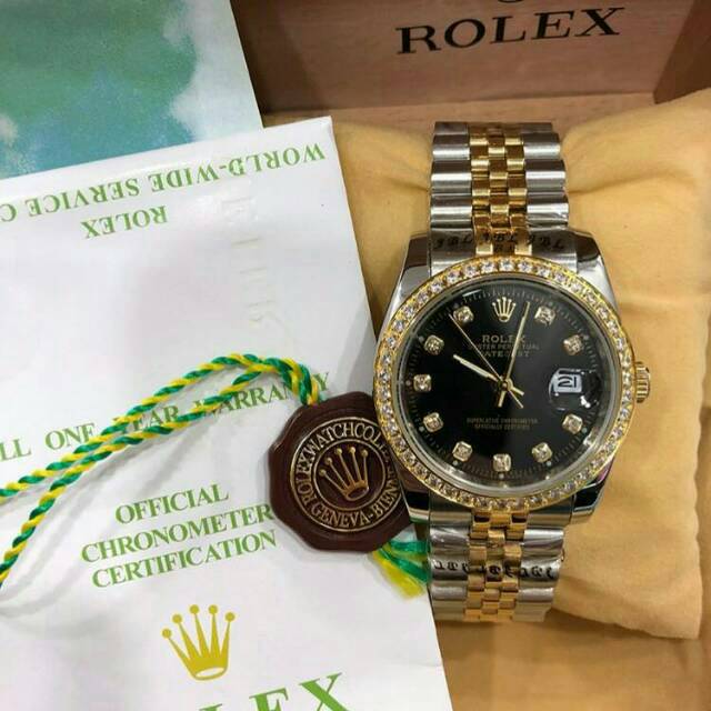Jam tangan rolex twotone gold steel black auto mirror