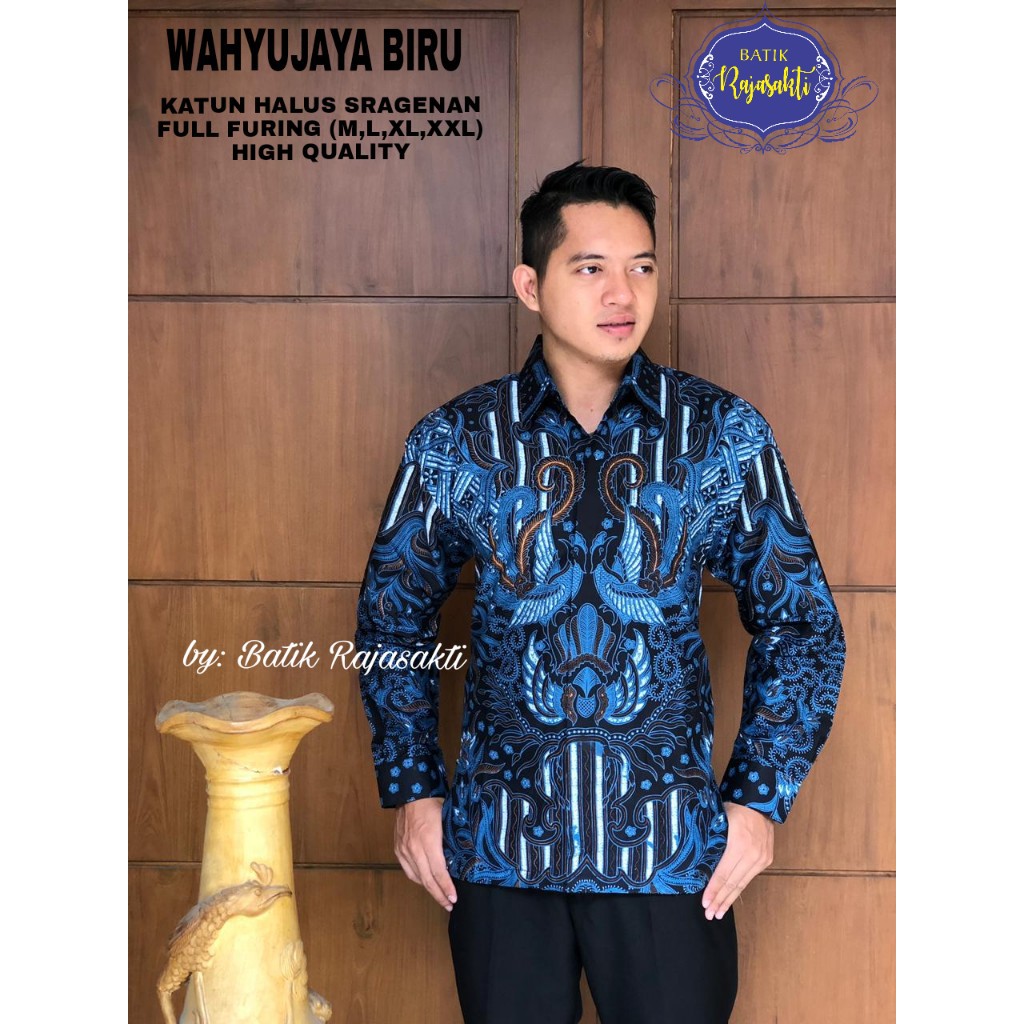 WAHYUJAYA BIRU Kemeja Batik Pria Lengan Panjang Katun Halus FULL FURING Rajasakti