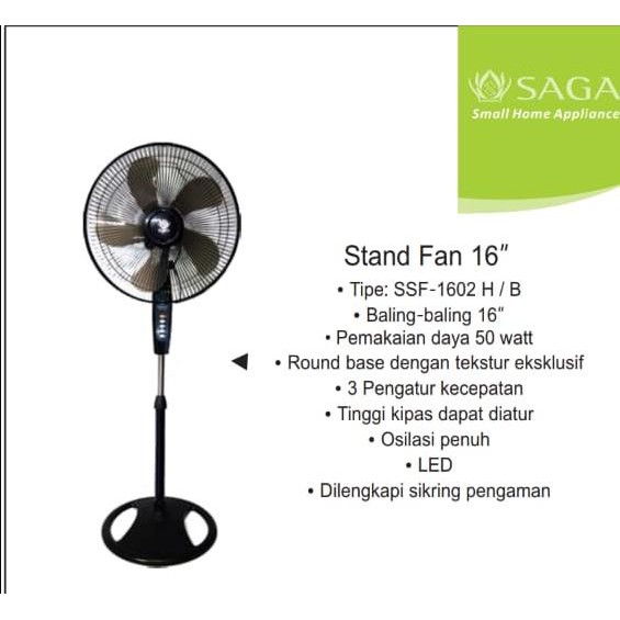 Saga SSF-1602 Kipas Angin 16 inch Hitam. 3 kecepatan. LED. Osilasi. Garansi Resmi