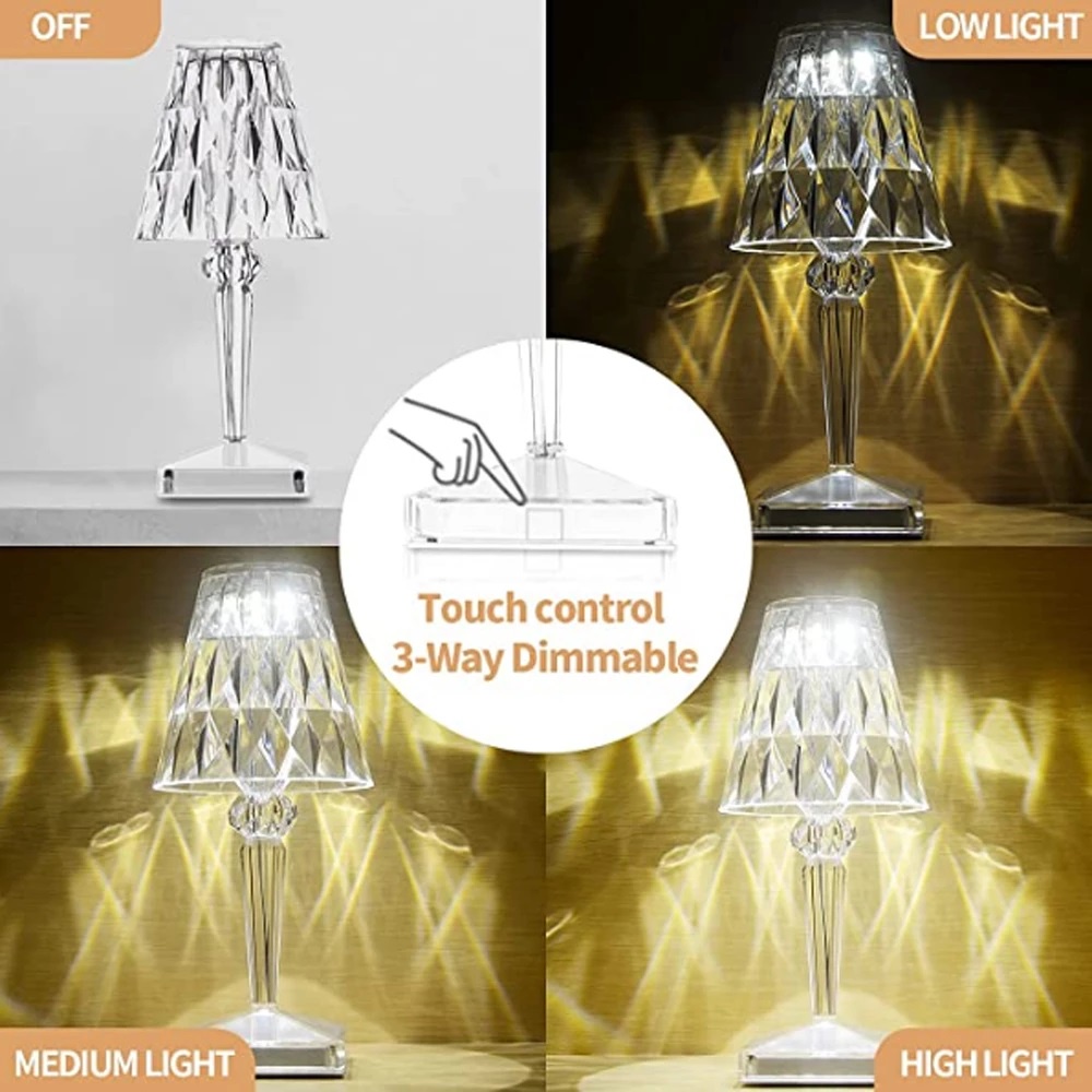 COD !!  Crystal Table Lamp Acrylic Tricolor Diamond Lampu Bedside Night Light Wireless USB Rechargeable Adjustable Lampu Tidur Minimalis