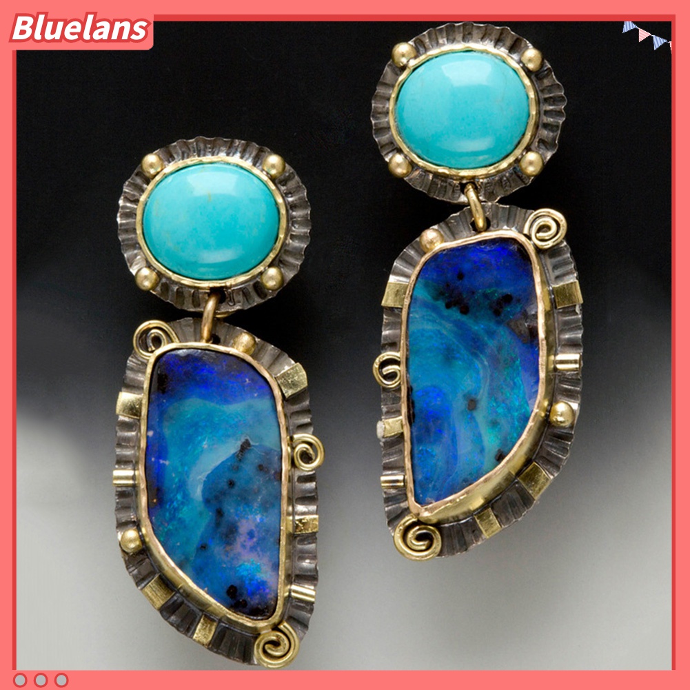 Anting Stud Geometris Menjuntai Aksen Turquoise Tiruan Gaya Vintage Untuk Perhiasan Wanita