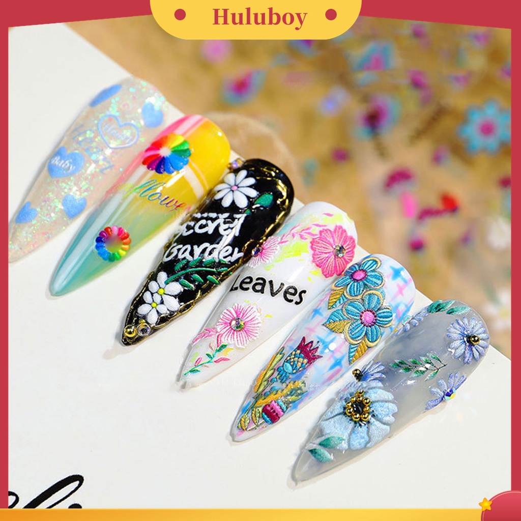 Huluboy Huluboy♡ Stiker Kuku Motif Ukir Efek 5D Dengan Perekat Untuk Dekorasi Manicure