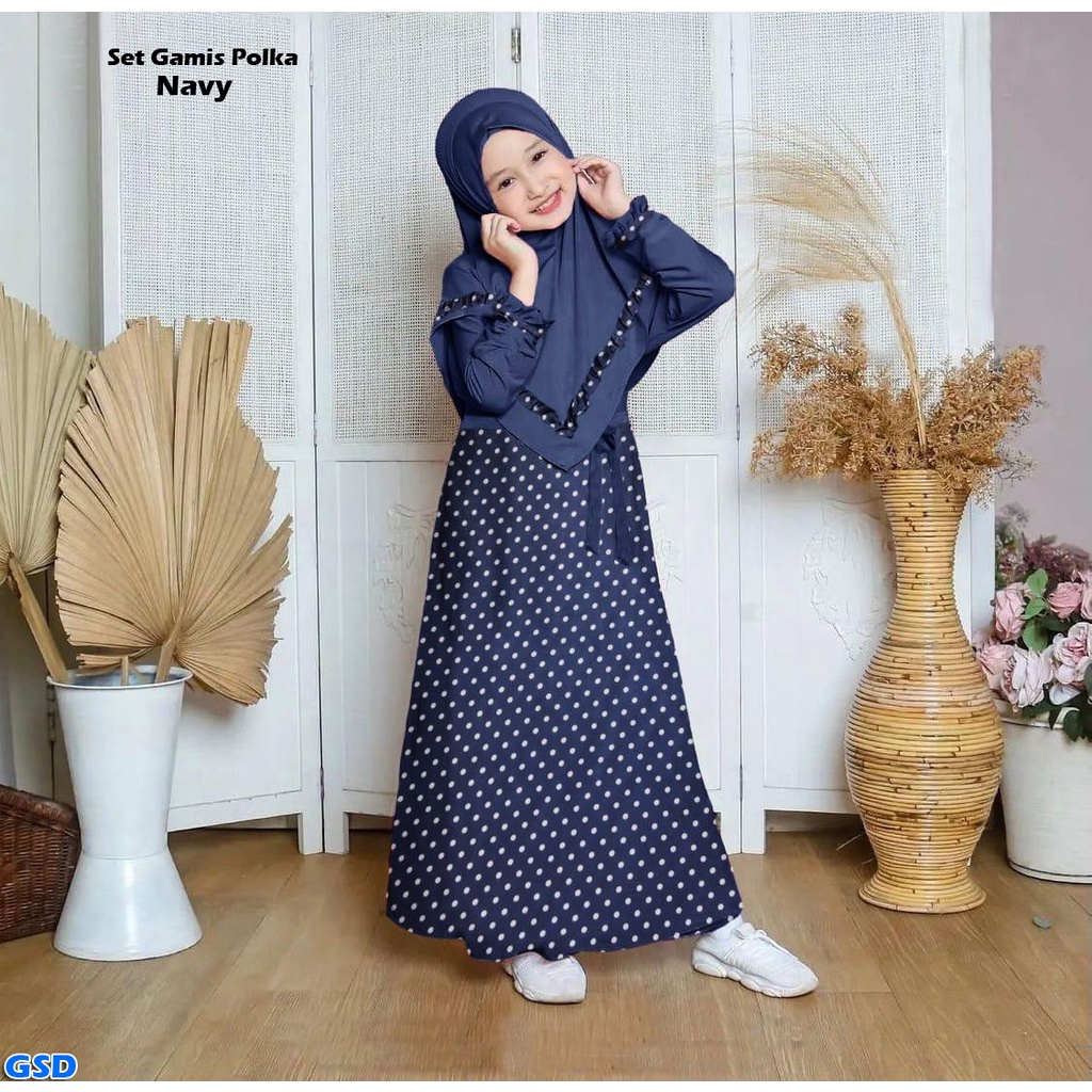 Set Gamis Polka/ Dress Muslim Anak / Gamis Anak/ Maxi Dress Polkadot / Hijab Syari Polka kids Free Krudung + Belt kain