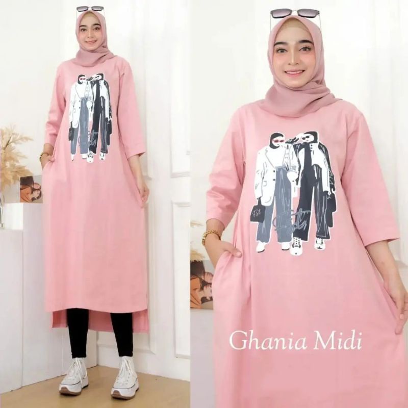 Ghania midi/baju midi dress terbaru/terlaris bahan combed 24s aplikasi sablon