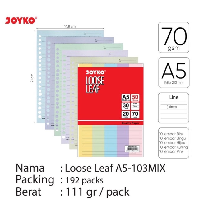 

Loose leaf Mix Color / Kertas Binder File Warna Campur Garis A5 50 lb A5-103 Mix Joyko