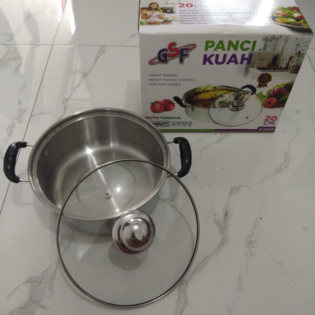 PANCI KUAH 20CM GSF G-2220 / PANCI KUWAH 20 CM / PANCI UK 20CM TUTUP KACA BAHAN STAINLESS STEEL / PANCI SOP STAINLESS / PANCI GSF 2220 / GSF G 2220 / GSF G-2220