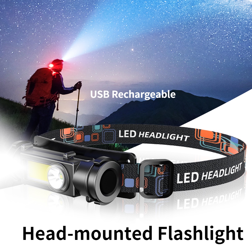 Senter Kepala Led Xpe + Cob Portable Usb Rechargeable Untuk Outdoor / Camping / Memancing