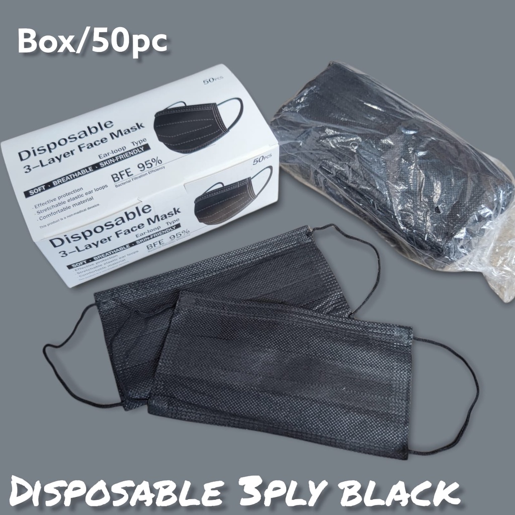 BLACK DISPO - MASKER DISPOSABLE 3PLY EARLOOP FACE MASK BOX ISI 50 - HITAM BLACK