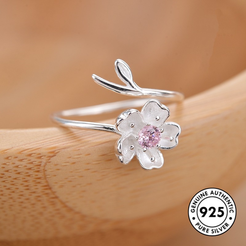 Cincin Desain Bunga Sakura Aksen Berlian Bahan S925 Silver Gaya Minimalis