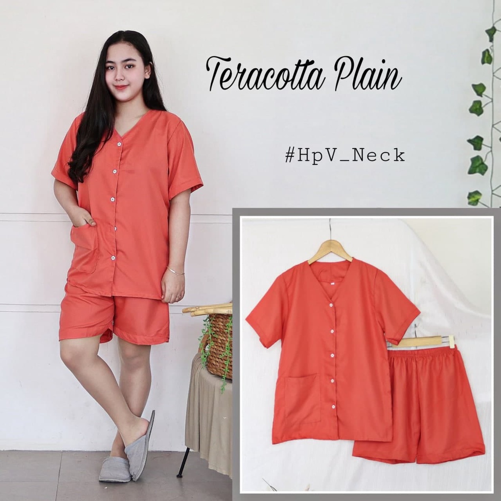 IZANY Piyama Dewasa Hotpant V Neck all size  / HP Celana Pendek  PLAIN Polos-TERACOTTA PLAIN