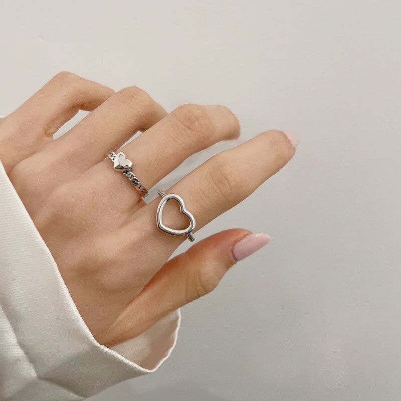 YEEZII 2pcs / Set Cincin Model Terbuka Dapat Disesuaikan Bentuk Hati Warna Silver Untuk Wanita