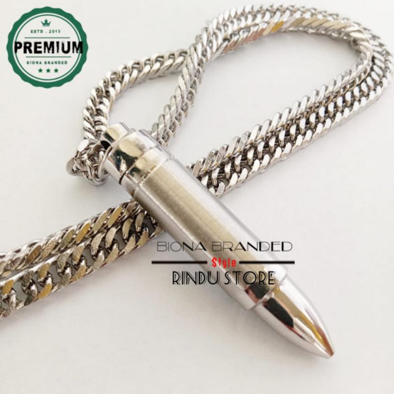 Kalung Rantai Pria Keren Titanium Silver Bandul Peluru Tabung