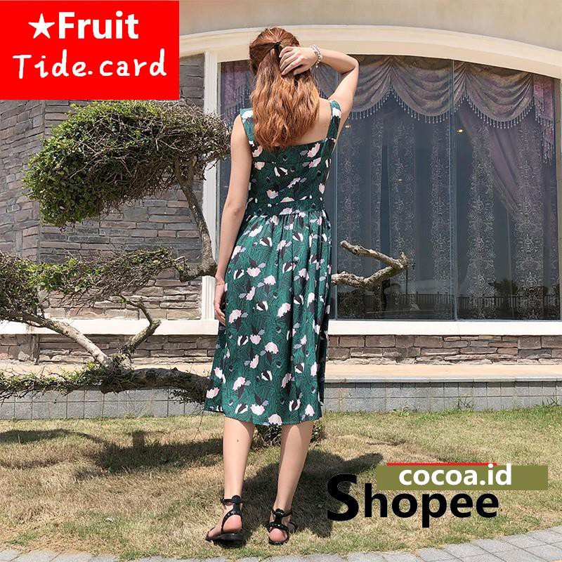 Dress Flare Midi Longgar U-Neck Tanoa Lengan Motif Print Ala Korea untuk anita