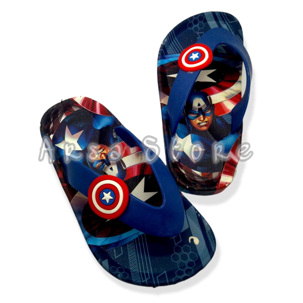 Sandal Jepit Jelly Anak Laki Laki Import Umur 2 3 4 Tahun / Sendal Karet Lucu Anak Cowok Motif Superhero Karakter Kapten Amerika / Kado Bagus Untuk Anak Ultah